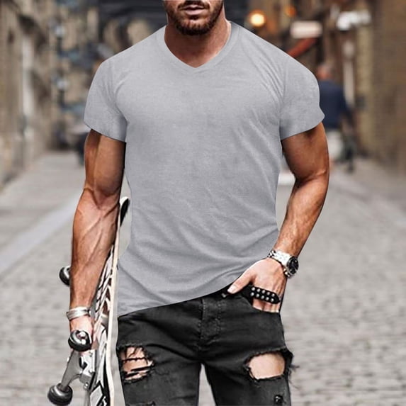 Men T Shirts European Solid V Neck Pullover Casual Sports Short Sleeved Undershirt, XXXL, Grey