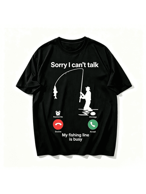 Graphic T-Shirts for Men 100% Cotton - Fishing Line Busy Humor Tee for Men, Funny Angler Gift Crewneck Casual Top,Black,L