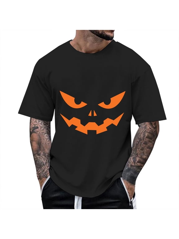 Men T Shirts Halloween Classic Funny Pumpkin Face Printed Short Sleeve Crew Neck Tees Party Casual Fall Season Loose Fit Comfortable Men Shirts Black XXL