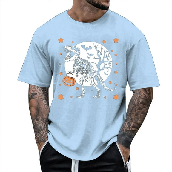 Men T Shirts Halloween Dinosaur Skeleton Printed Casual Short Sleeve Tees Crew Neck Comfortable Breathable Shirts for Men Light Blue XXXL