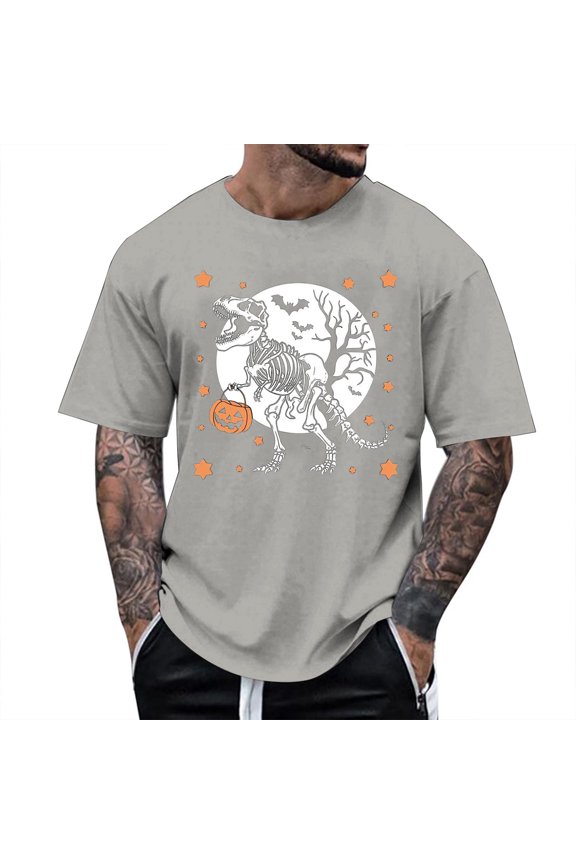 Men T Shirts Halloween Dinosaur Skeleton Printed Casual Short Sleeve Tees Crew Neck Comfortable Breathable Shirts for Men Light Gray S