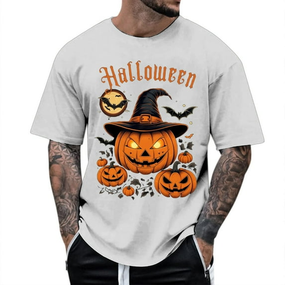 Men T Shirts Halloween Funny Pumpkin Printed Casual Comfortable Short Sleeve Crew Neck Tees Sports Leisure Activities Lightweight Breathable Shirts for Men Grey M