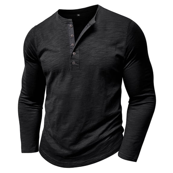 Men T Shirts Long Sleeve Crewneck Henley T-Shirt Basic Black Tshirt with Button Gym Shirts Men