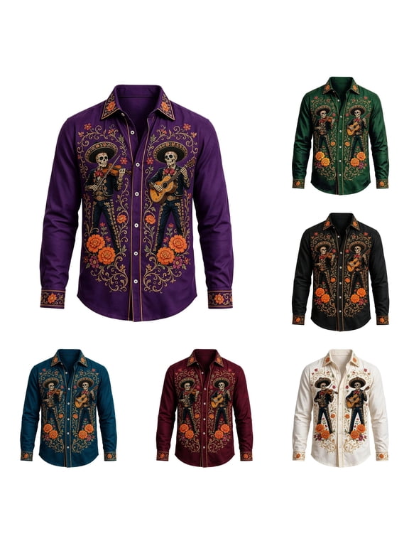 Men T Shirts Men Day Of The Dead Shirt Long Sleeve Halloween Mexican Floral Button Down Casual Party Shirts for Guys