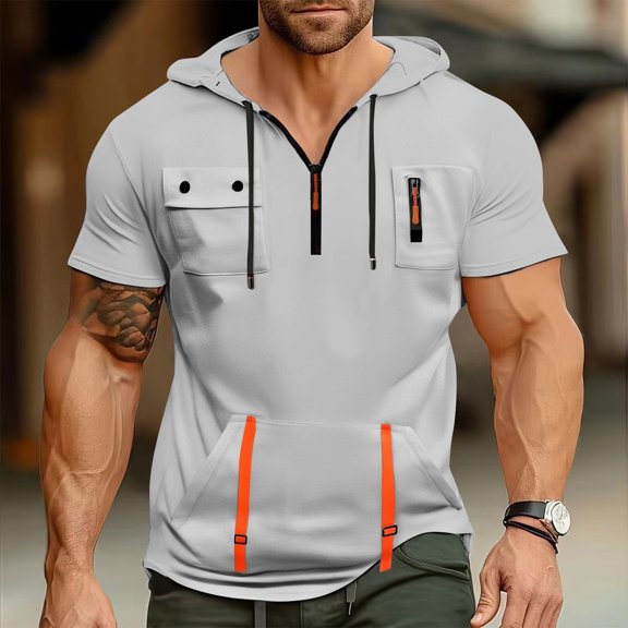 Men T Shirts Pack Men's T Shirt with Hood Short Sleeve Hoodie with Pockets Drawstring Summer Short Hoodie Plain Sports T Shirt Personalised Hooded Shirt Leisure Sweatshirt Breathable Lightweight M