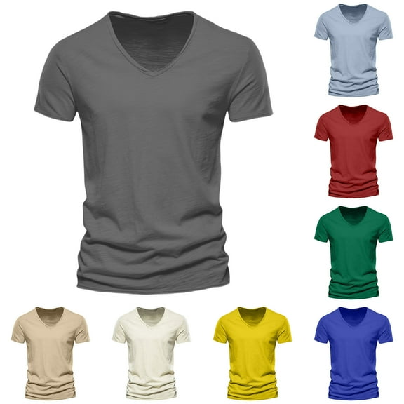 Men T Shirts Pure Color V Neck T Shirts Loose Fit Short Sleeve Stretchy Summer Tee Daily Wear Mens Shirts Light Blue L