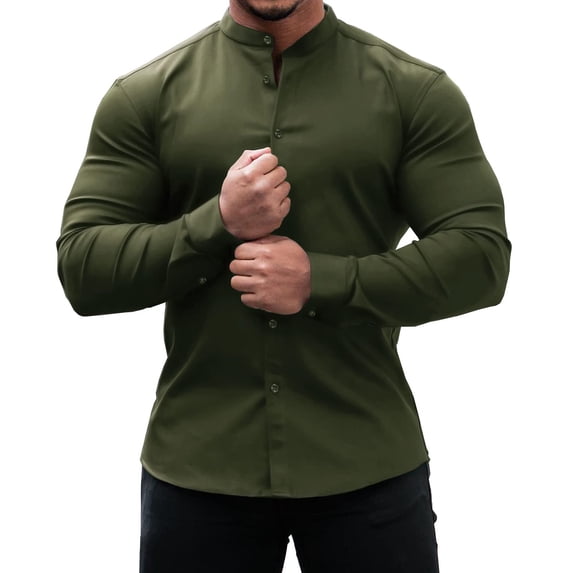 Men T Shirts S Slim Fit Banded Collar Long&Short Sleeve L Button Down