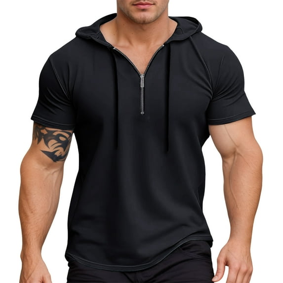 Men T Shirts Short Sleeve Basic Shirt Regular Solid Color Slim Fit Zip Up Hooded T Shirt Casual Comfortable Pure Pullover For Daily Wear Home Outdoor Hiking Spring Summer Tee Tops Black XL