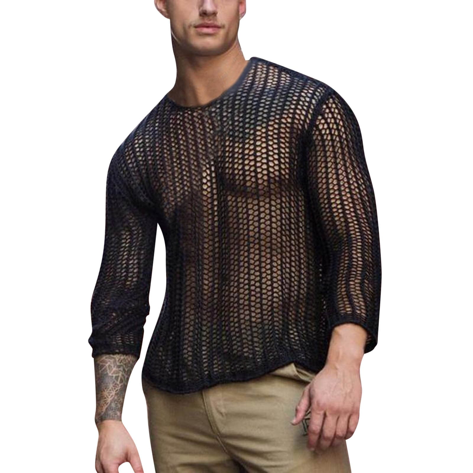 トップス CREW NECK SHIRT - KNIT MESH / P RINTED Mens Long Sleeve Stretchy Knit Ribbed Shirt Sexy Hollow See