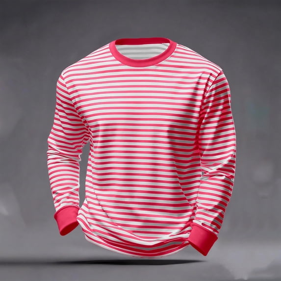 Men T-Shirts Striped Casual Print Long Sleeve T Shirt Comfortable Crew Neck Tee Soft Breathable Daily Wear Top Watermelon Red L