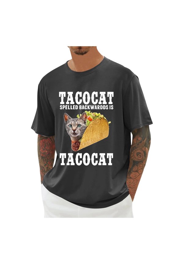 Men T Shirts Taco Cat Printed Casual Short Sleeve Graphic Tees Soft Loose Lightweight Fit Comfortable Crew Neck Shirts for Men Dark Gray XL