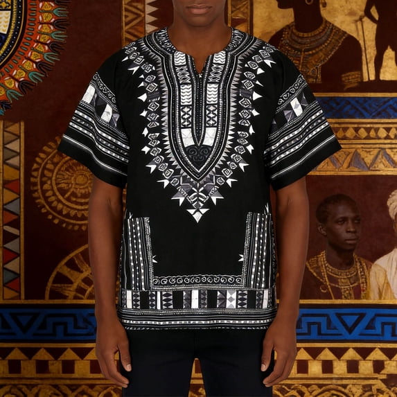 Men T-Shirts Timeless African Print Tee For Breathable Everyday Shirt With Distinctive Geometric Patterns Black M