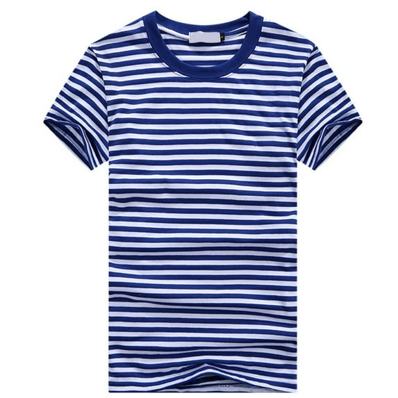 Men T-shirts Blue and White Striped Short-sleeved Sports O-Neck Casual Navy Tops