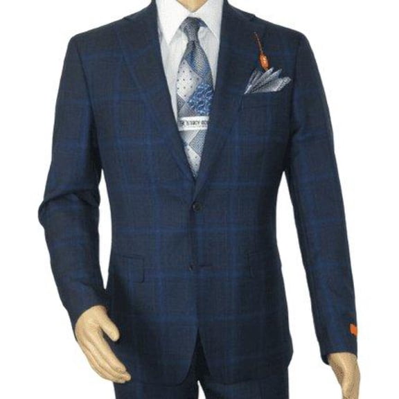 Men TALLIA Suit Wool Blend English Glen Plaid Classic 2Button VDVA2SVX0026 Blue