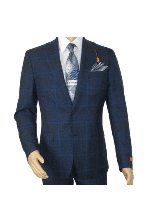 Men TALLIA Suit Wool Blend English Glen Plaid Classic 2Button VDVA2SVX0026 Blue