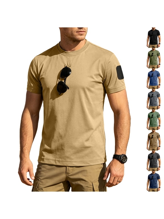 Men Tactical Crew Neck Loose Fit Outdoor Short Sleeve T Shirt with Hook and Loop Fastener Patch Panel Breathable Quick Dry Fabric
