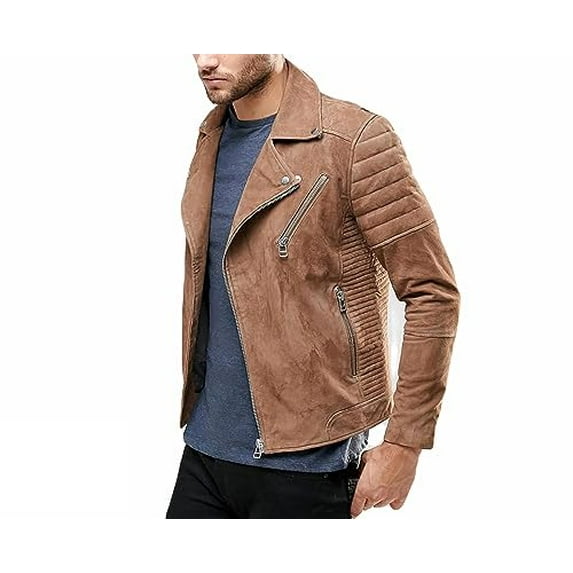 Men Tan Suede Leather Jacket - Genuine Lambskin Slim Fit Biker Jacket - Moto Men Leather Tan Jacket (as1, alpha, x_l, regular, regular, Extra Large)