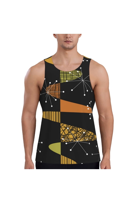 Men Tank Top Gym Workout Undershirt Muscle Sleeveless Shirt, Atomic Age Geometric Mid Century