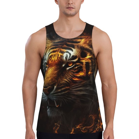 Men Tank Top Gym Workout Undershirt Muscle Sleeveless Shirt, Fire King Tiger Face Art