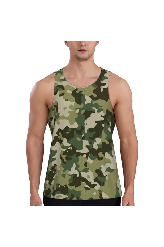 Men Tank Top Gym Workout Undershirt Muscle Sleeveless Shirt, Military Camouflage Green Camo