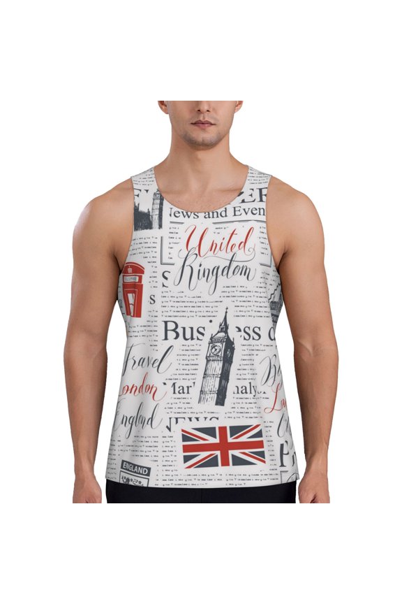 Men Tank Top Gym Workout Undershirt Muscle Sleeveless Shirt, Uk And London British Vintage Newspaper