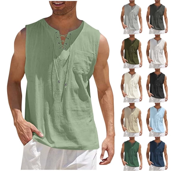 Men Tank Top Men Solid-Color Fashionable Loose Casual Drawstring Pocket Sleeveless V-neck Tank Top Light Blue S