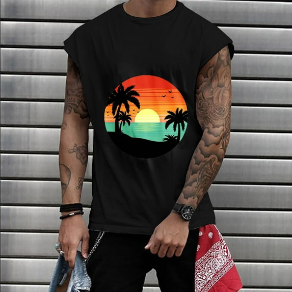 Men Tank Tops Assorted Tank Top For Men Hawaiian Tropical Print Summer Casual Workout Vest Round Neck Sleeveless Loose Shirts Lightweight Comfy Blouse Men Workout Tank Tops For Gym