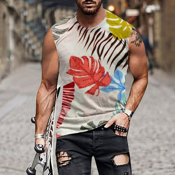 Men Tank Tops Print Hawaiian Tropical Print Summer Casual Workout Vest Round Neck Sleeveless Loose Shirts Lightweight Comfy Blouse Sports Training Gym Hoodies Bodybuilding Cut Off Muscle Shirts