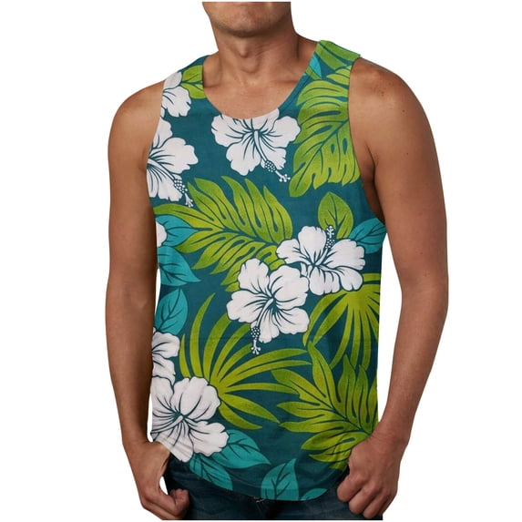 Men Tank Tops Print Tank Top For Men Hawaiian Tropical Print Summer Casual Workout Vest Round Neck Sleeveless Loose Shirts Lightweight Comfy Blouse Boxing Gym Shirts Plain Muscle Tee