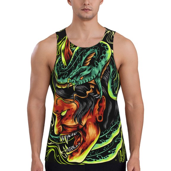 Men Tank Tops Sleeveless Shirts Workout Gym Muscle Casual, Devil Snake Demon Japanese