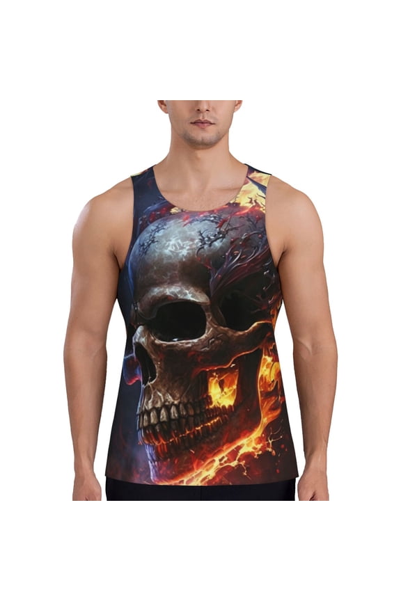 Men Tank Tops Sleeveless Shirts Workout Gym Muscle Casual, Gothic Skull On Fire Death Cool