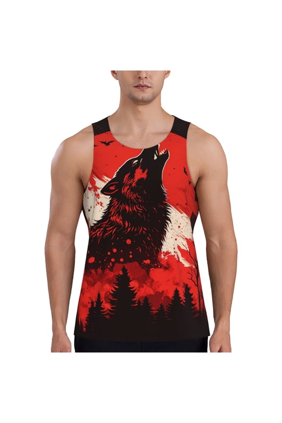 Men Tank Tops Sleeveless Shirts Workout Gym Muscle Casual, Howling Wolf Blood Red Moon Cool