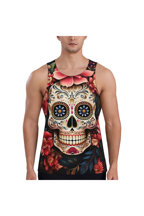 Men Tank Tops Sleeveless Shirts Workout Gym Muscle Casual, Skulls Gothic Day Of The Dead Art