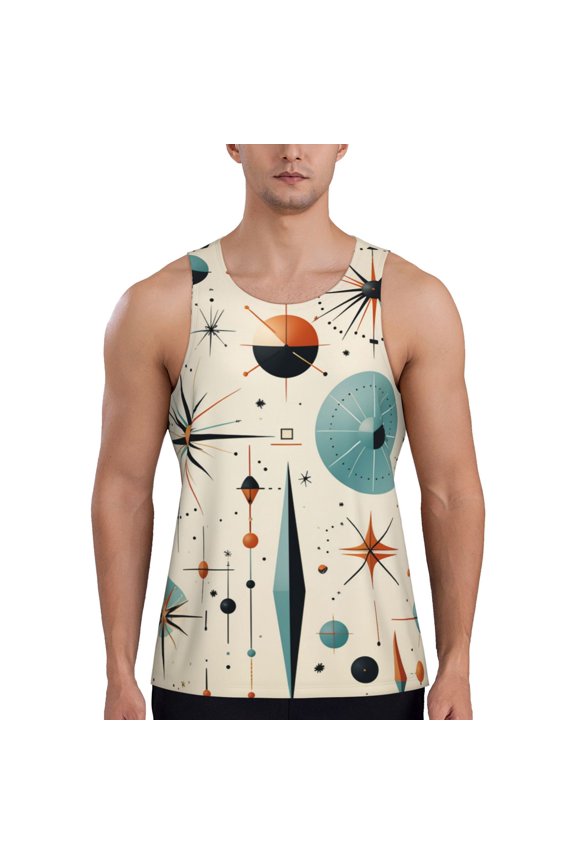 Men Tank Tops Sleeveless Shirts Workout Gym Muscle Casual, Star Retro Mid Century Vintage Atomic Art