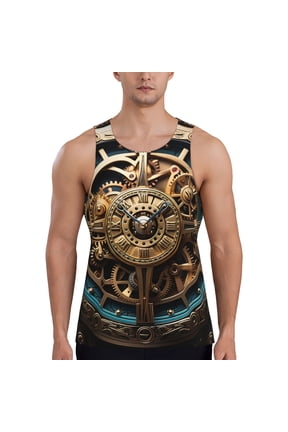 Men Tank Tops Sleeveless Shirts Workout Gym Muscle Casual, Steampunk Clockwork Wheels Art