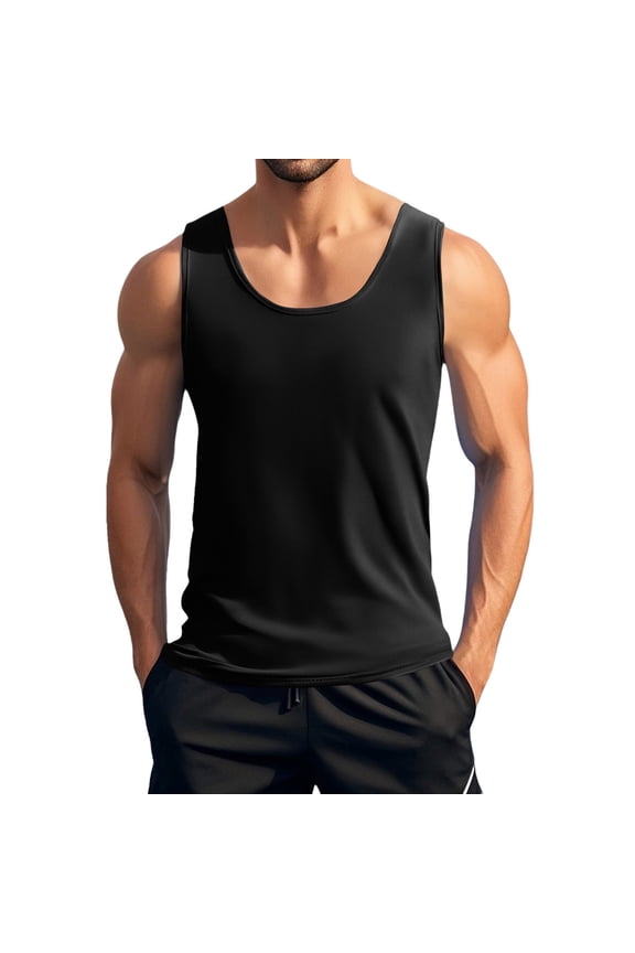 Men Tank Tops Summer Round Neck Fitness Sports Scene Thin Casual Solid Color Undershirt Black Shirts XL