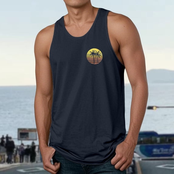 Men Tank Tops Workout Casual Coconut Print Sleeveless Summer Beach Outdoor Muscle Gym Men Undershirts Navy L