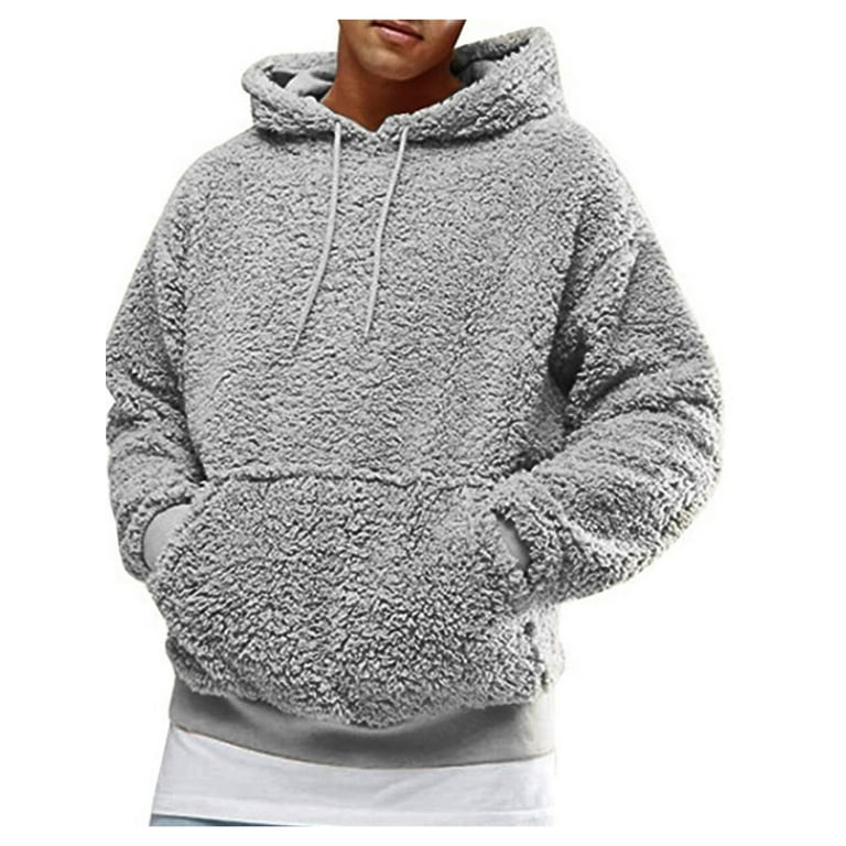 Men Teddy Fleece Hoodie Coat Winter Warm Pullover Hooded Sweatshirt Casual  Fuzzy Fluffy Outerwear with Pockets