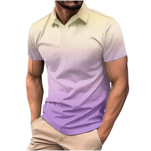 Men Tee Shirt Big and Tall Men's Shirts Men's Casual Gradient Color Tees Summer Button-up T-Shirt for Men Short Sleeve Lapel Tops