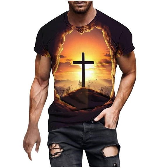Men Tee Shirts Sale Loose Fitting Mens T Shirts Cross Print Crewneck Short Sleeve Comfortable for Relaxed Everyday Style