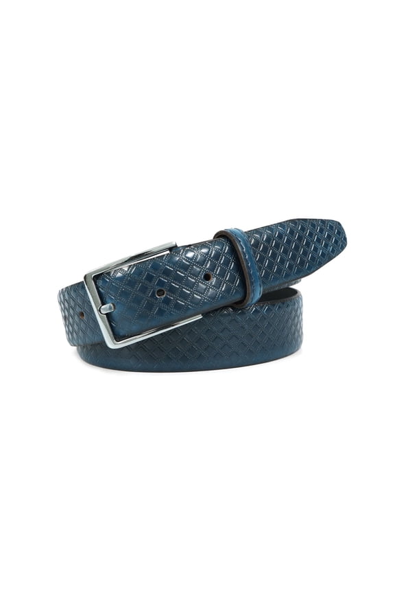 Men Textured Blue Leather Belt with Diamond Pattern Finish and Polished Silver Buckle