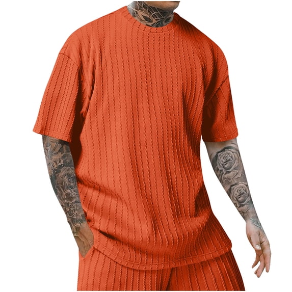 Men Textured Knit T-Shirts Casual Stretch Ribbed Short Sleeve Shirt Orange L