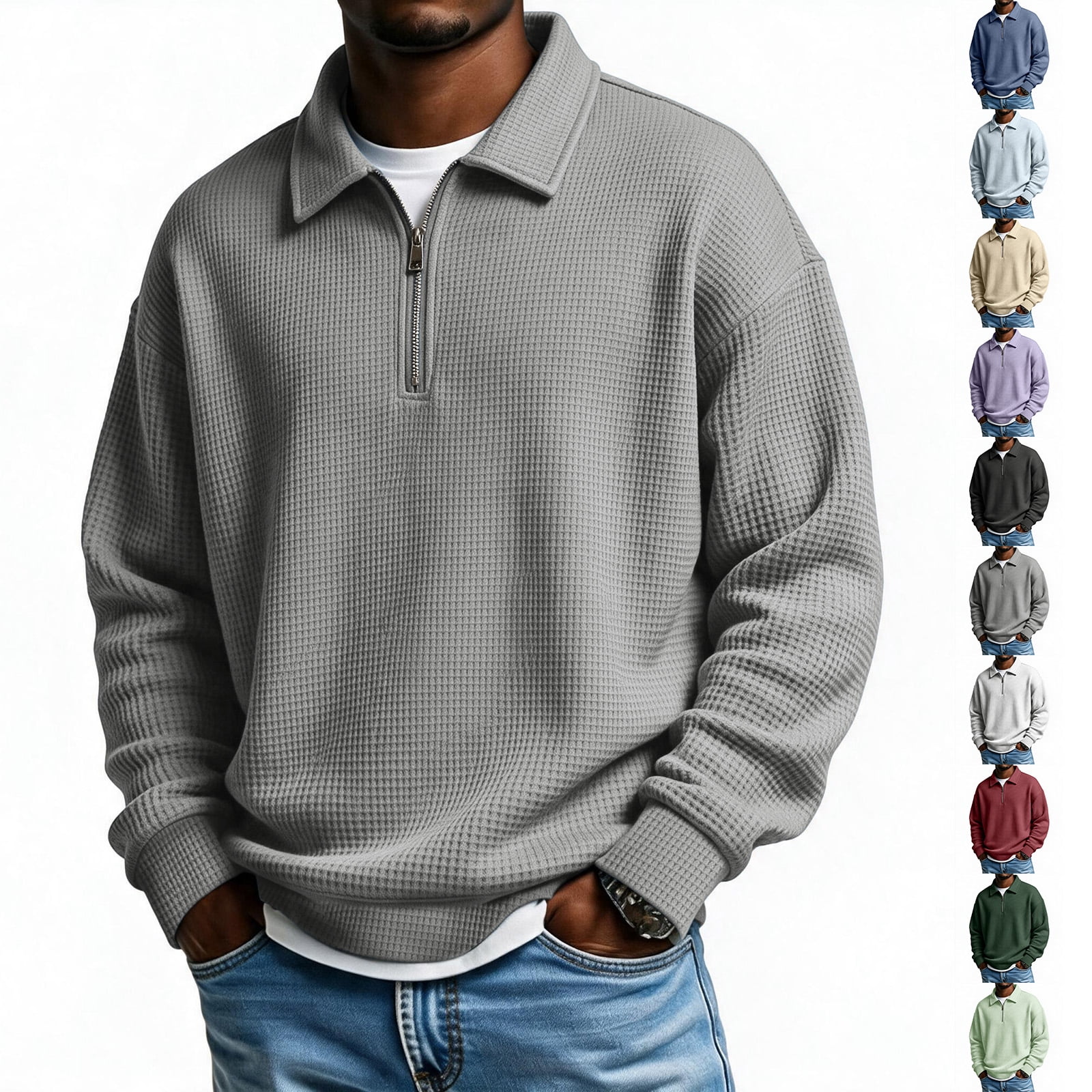 Men Textured Waffle Knit Quarter Zip Pullover Polo Collar Partial ...
