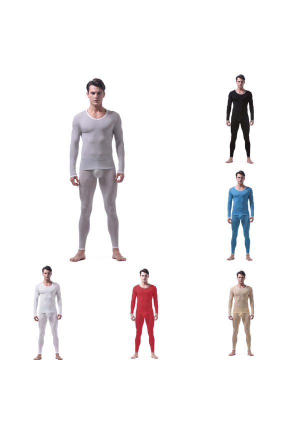 Men Thermal Underwear Set 2 Piece Set Cold Weather Ultra Thin Ice Silk Long Johns Long Sleeve Tight Winter Warm Solid Color Base Layer Mens Long Johns Thermal Set