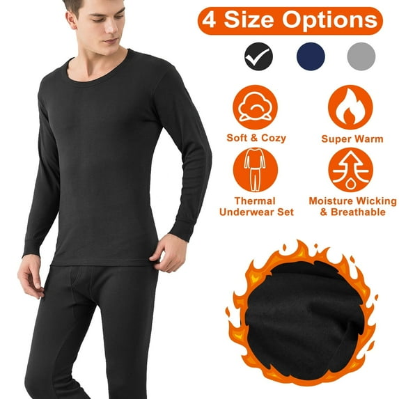 Men Thermal Underwear Set, TeqHome Cotton Long Johns Pants Long Sleeve Soft Underwear Kit Top and Bottom Winter Sports Suits Black XL