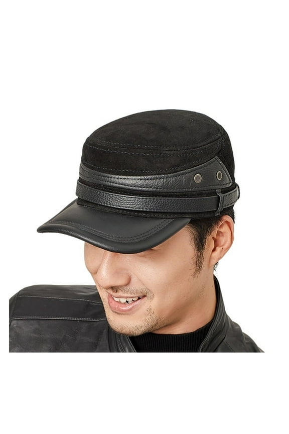 Men Thick Genuine Leather Bomber Hat Flat Cowhide Baseball Cap Winter Earflap Russian Hats Windproof Warm Man Army Cap Adjustabl ,Durable Quality