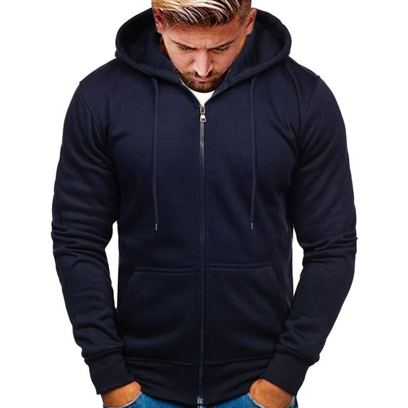 Men Thick Hoodies With Pocket Solid Color Zipper Long Sleeve Drawstring Loose Fit Comfortable Sweatshirt For Autumn Winter Daily Wear,Navy,M