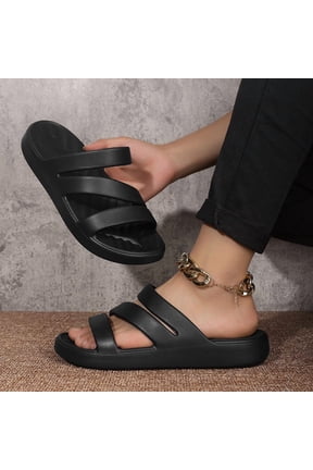 Men Three Strap Matte Black Platform Slide Sandals Wave Massage Insole Casual Outdoor Slippers