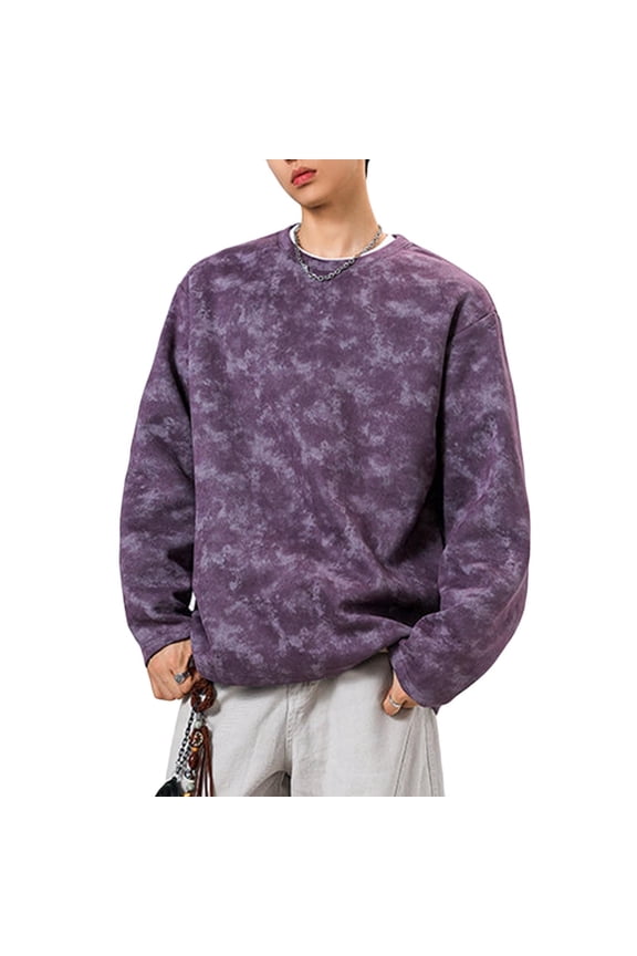 Men Tie Dye Cloud Fleece Hoodie Loose Fit Fleece Sweatshirt Long Sleeve Crewneck Top Casual Streetwear Pullover