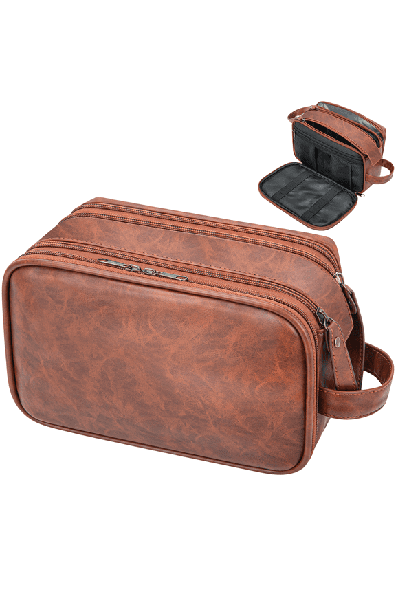 Toiletry Bag for Men, PU Leather Travel Toiletry Organizer with Handle, Water Resistant Travel Essentials for Women, Travel Storage Bags with Divider for Cosmetics Toiletries Brushes Tools, Brown